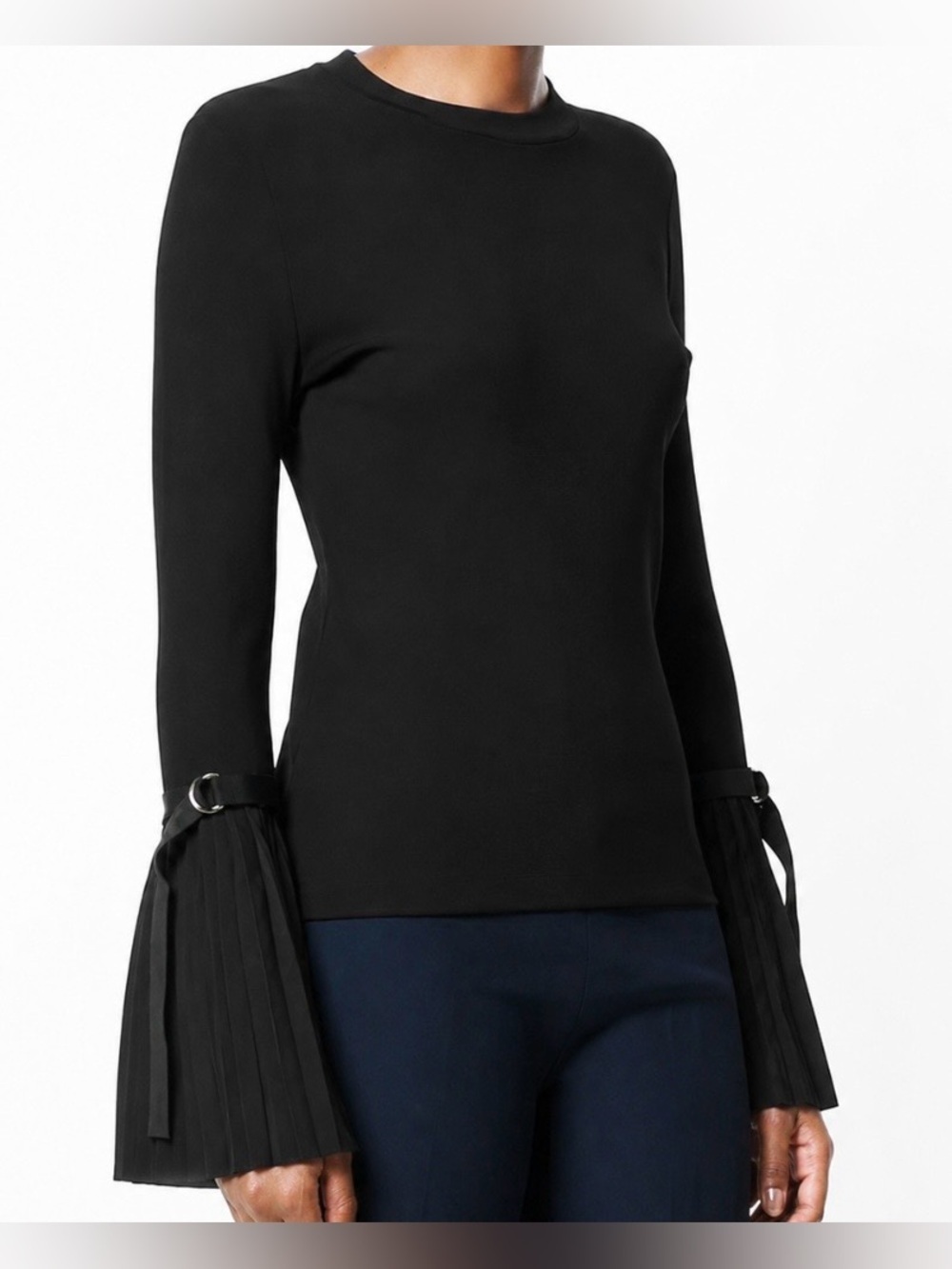 3.1 Phillip Lim Black Ribbed Bell Sleeve with Buckle Tie Detail Top- Size Small
